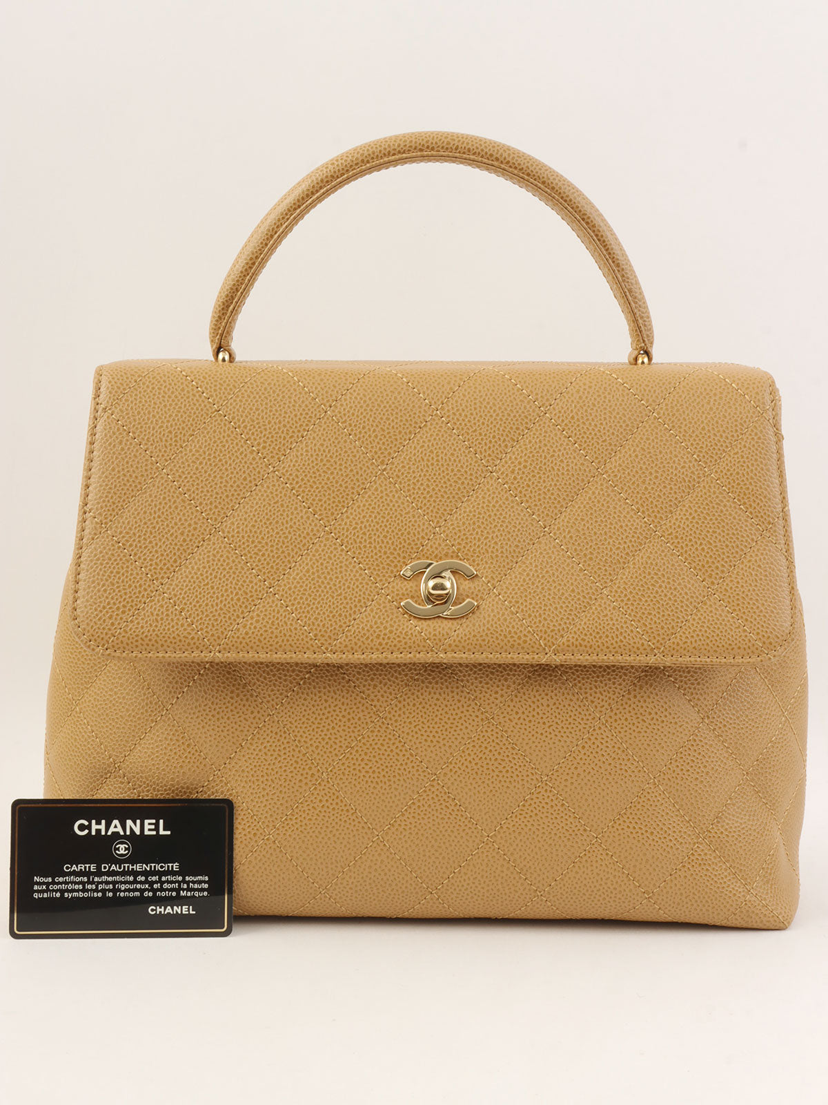 约2000年鱼子酱皮CC旋扣手提包，米色