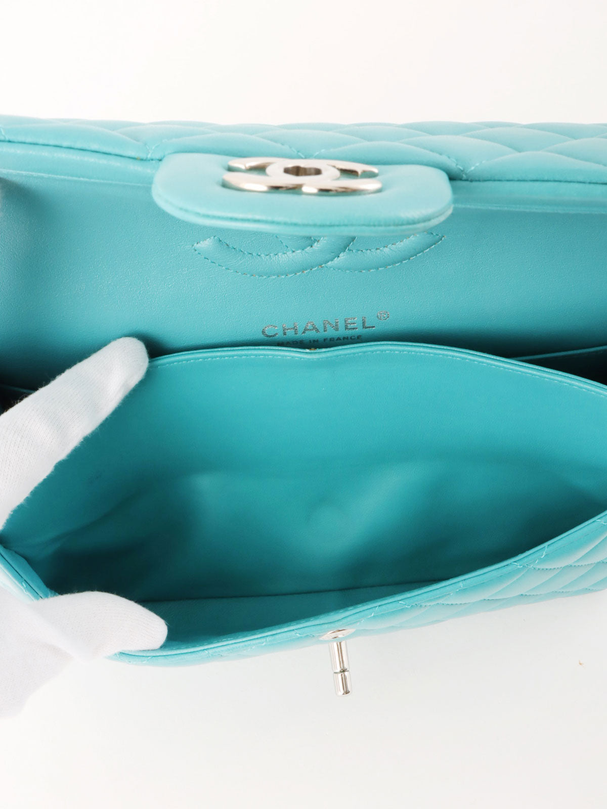 2014年頃製 クラシックフラップチェーンバッグ25cm ターコイズブルー