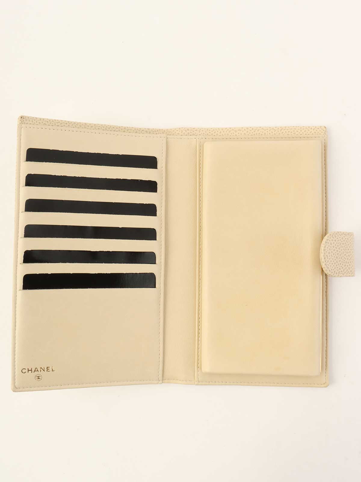 2000年頃製 キャビアスキンCCマークステッチロングウォレット アイボリー