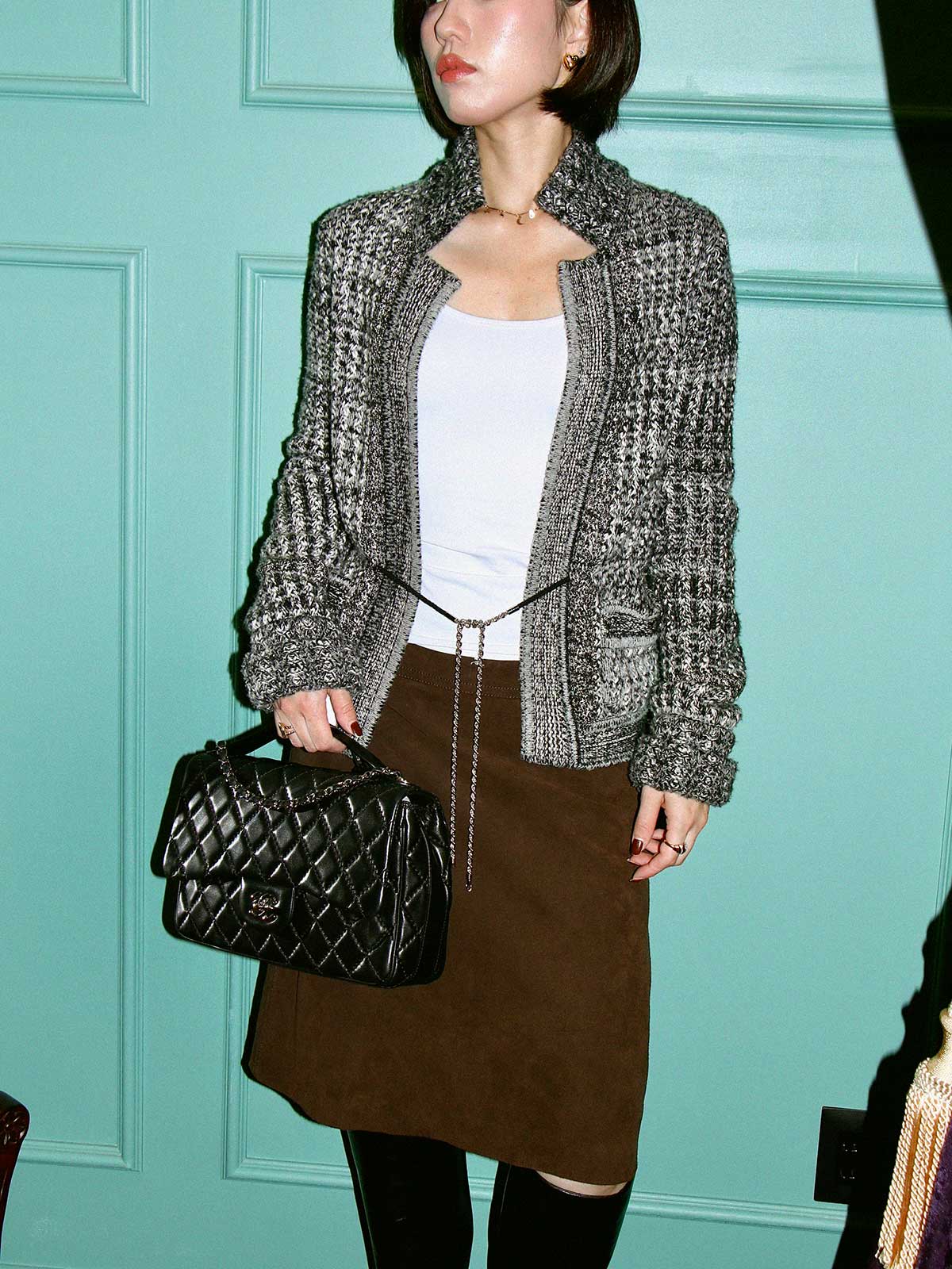 ラインストーンCCマークボタンチェーンデザインニットジャケット　グレー／ホワイト