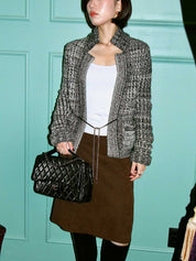 ラインストーンCCマークボタンチェーンデザインニットジャケット　グレー／ホワイト