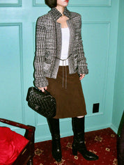 ラインストーンCCマークボタンチェーンデザインニットジャケット　グレー／ホワイト