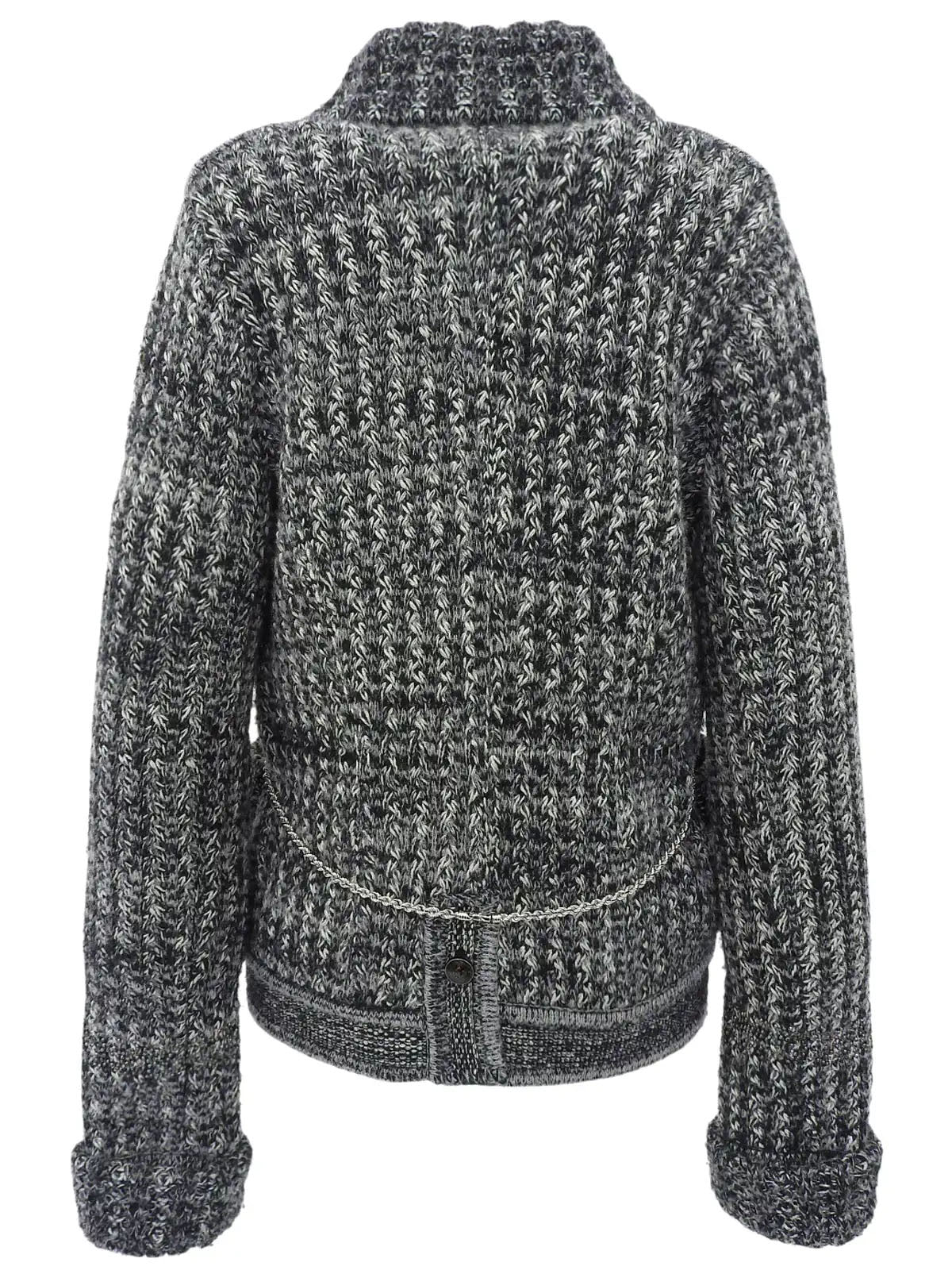 ラインストーンCCマークボタンチェーンデザインニットジャケット　グレー／ホワイト