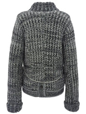 ラインストーンCCマークボタンチェーンデザインニットジャケット　グレー／ホワイト