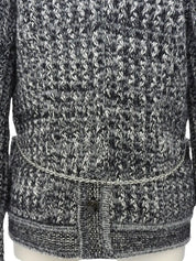 ラインストーンCCマークボタンチェーンデザインニットジャケット　グレー／ホワイト