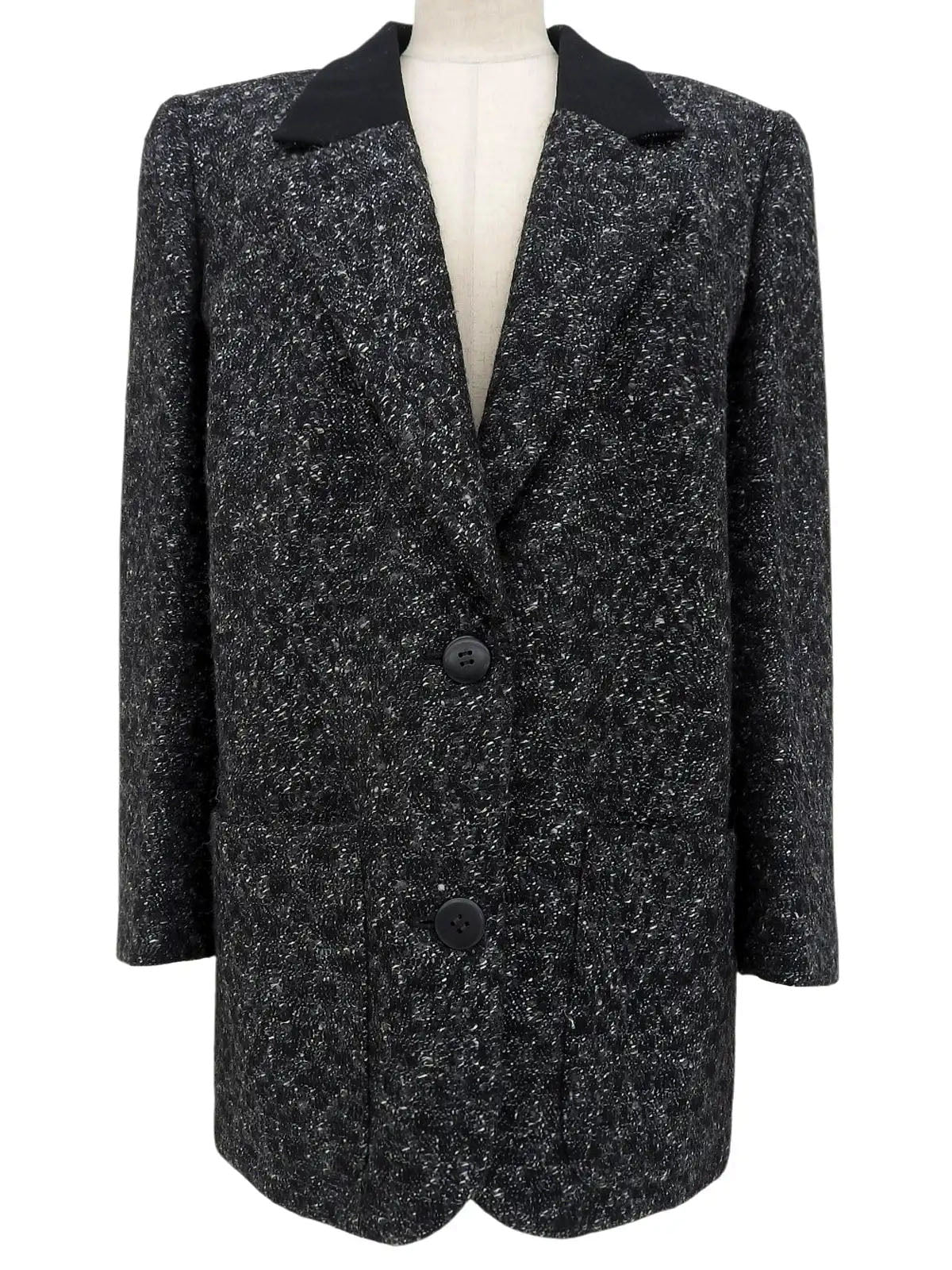 Tweed long jacket in black, gray, and white