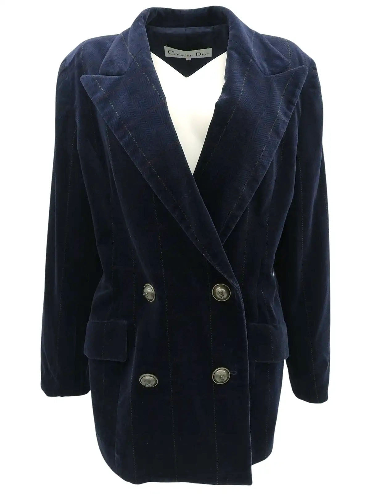 Navy Velour Check Pattern Logo Button Double-Breasted Jacket