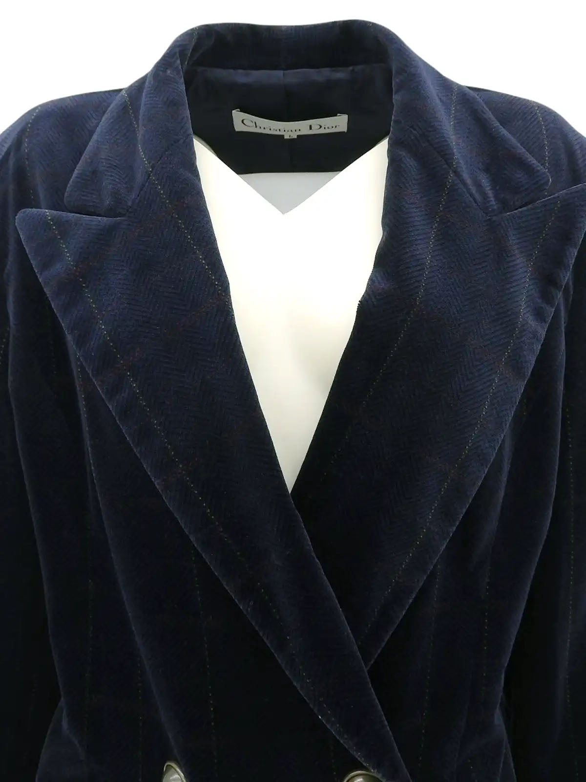ベロアチェックパターンロゴボタンダブルブレストジャケット　ネイビー
