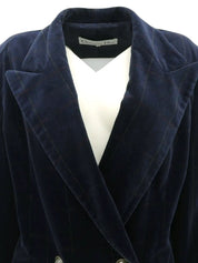 Navy Velour Check Pattern Logo Button Double-Breasted Jacket
