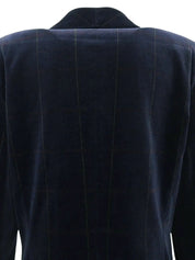 Navy Velour Check Pattern Logo Button Double-Breasted Jacket