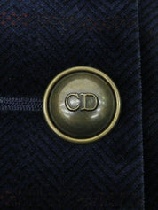 Navy Velour Check Pattern Logo Button Double-Breasted Jacket