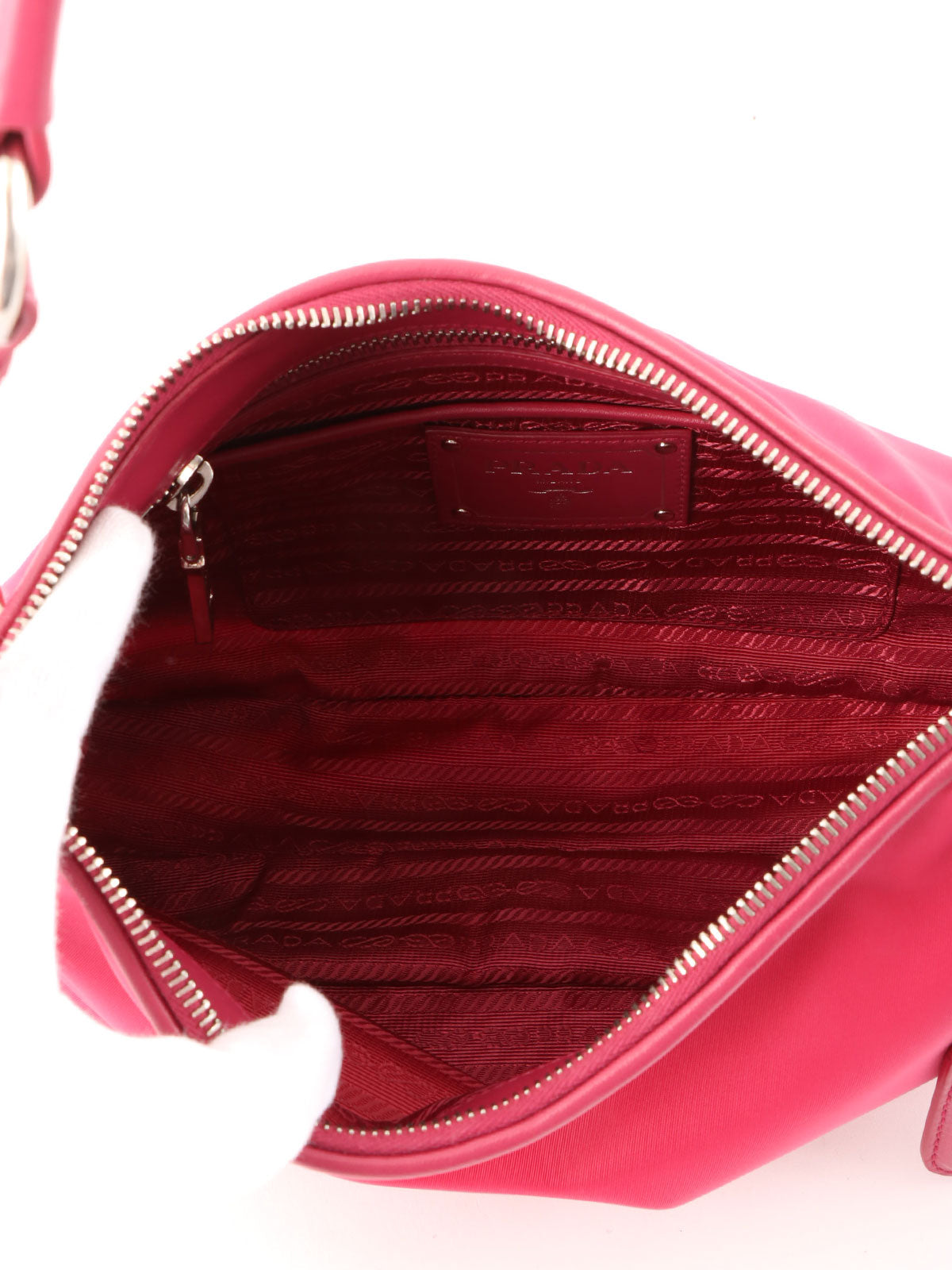 Pink nylon logo plate one-shoulder bag