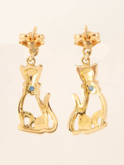 18K Sapphire Cat Motif Earrings in Gold/Blue