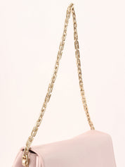Leather logo plate chain shoulder bag in baby pink