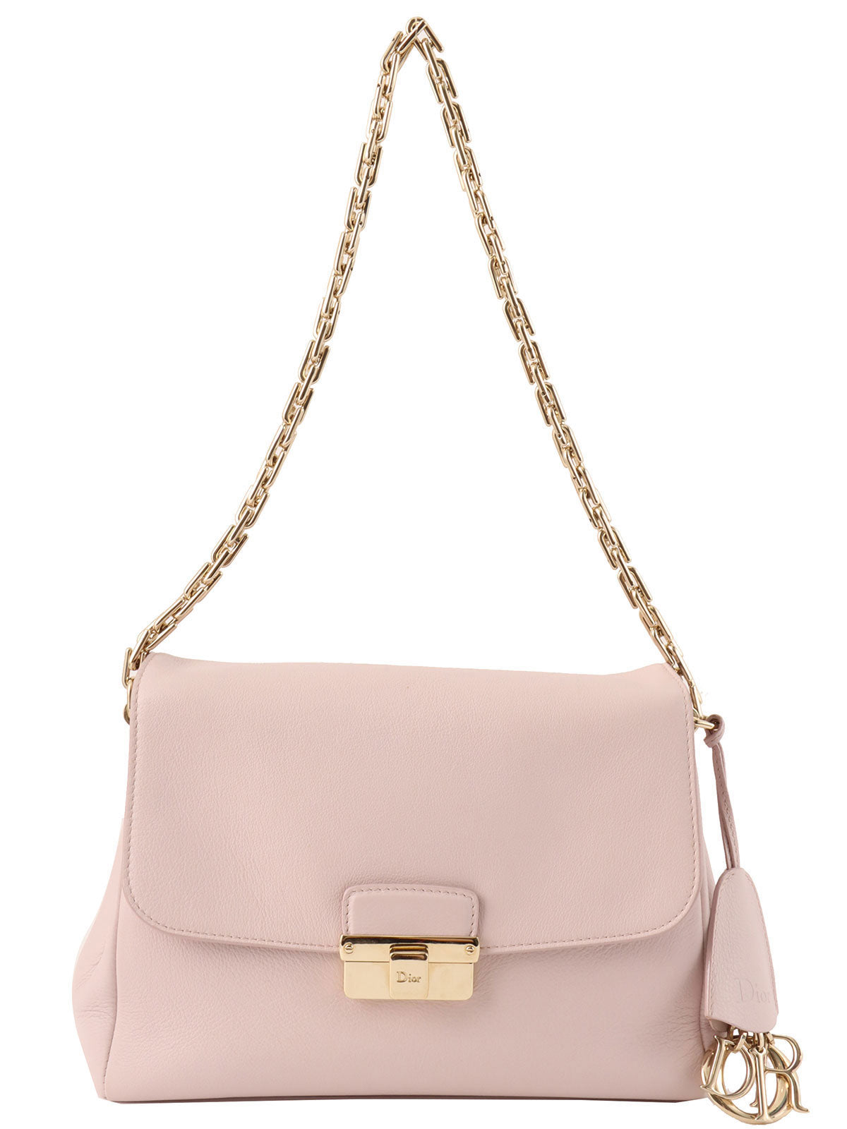 Leather logo plate chain shoulder bag in baby pink