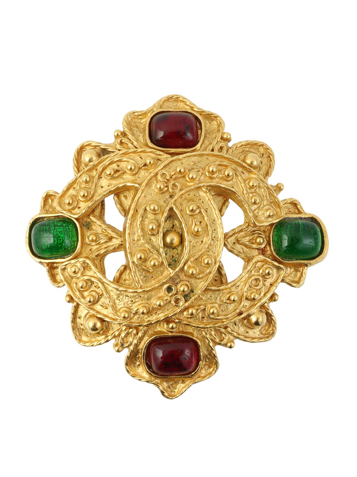 1994 Gripoix Design Cutout CC Mark Brooch Gold/Green/Red