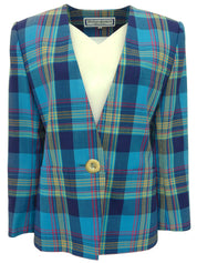 ウールチェックパターンノーカラージャケット ライトブルー/マルチ