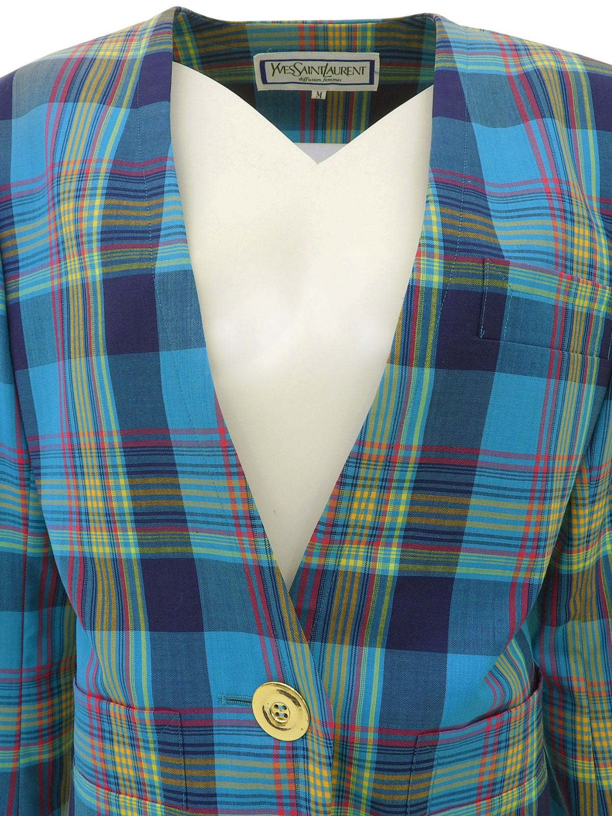 ウールチェックパターンノーカラージャケット ライトブルー/マルチ