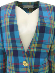 ウールチェックパターンノーカラージャケット ライトブルー/マルチ