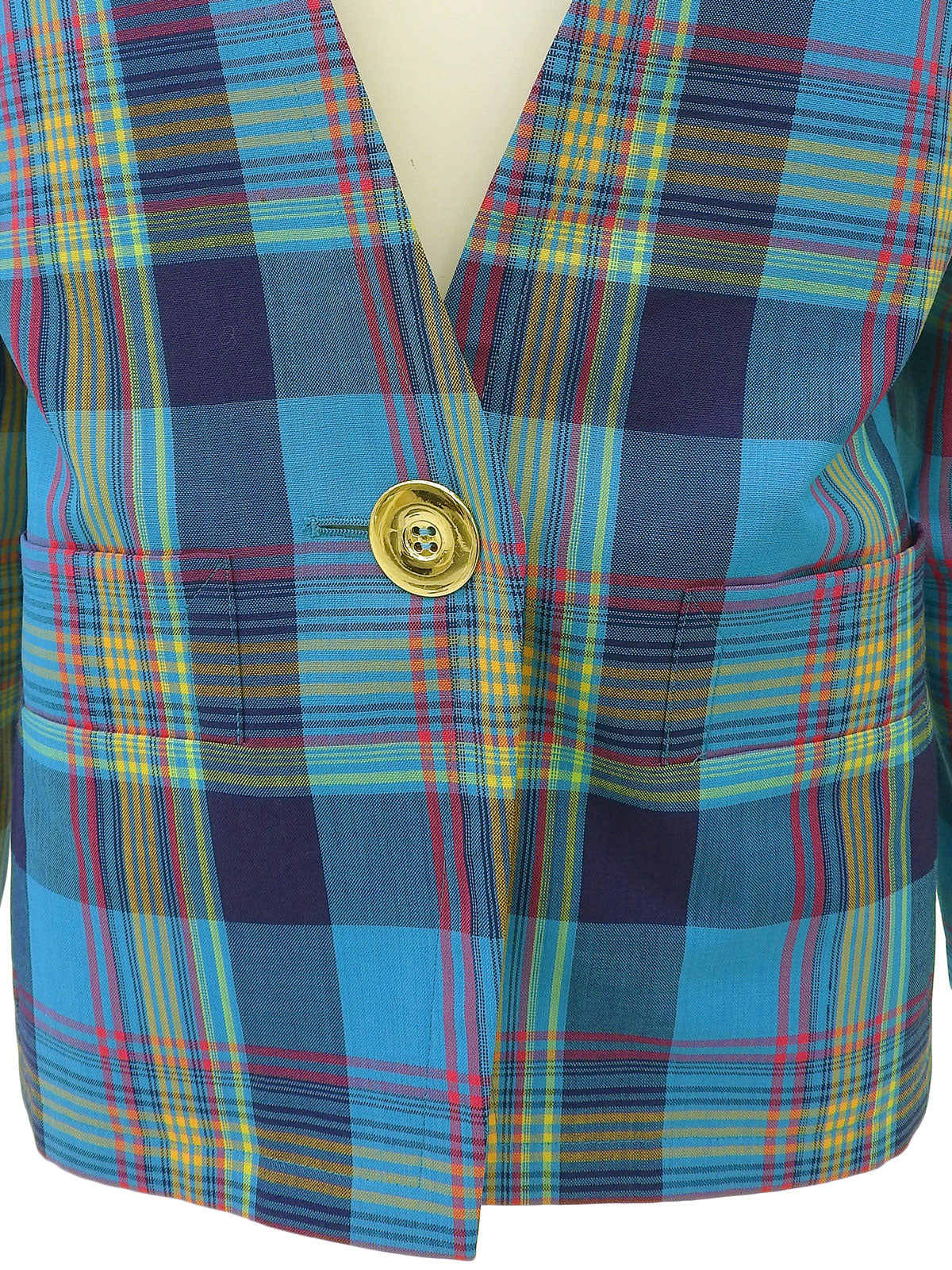 ウールチェックパターンノーカラージャケット ライトブルー/マルチ