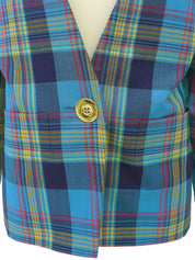 ウールチェックパターンノーカラージャケット ライトブルー/マルチ