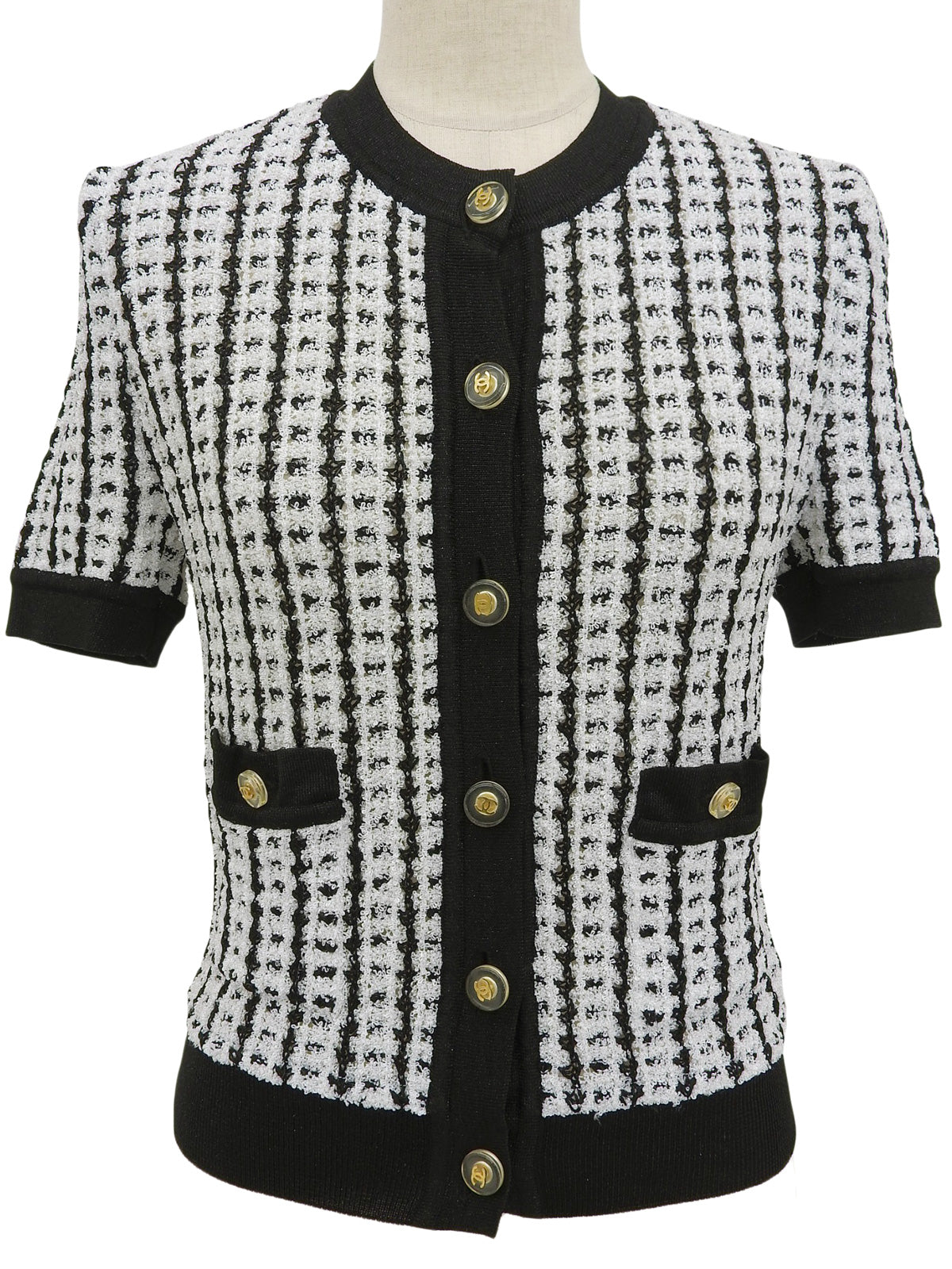 1997年製 ツイードCCマークボタンハーフスリーブニットカーディガン ホワイト/ブラック