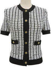 1997年製 ツイードCCマークボタンハーフスリーブニットカーディガン ホワイト/ブラック