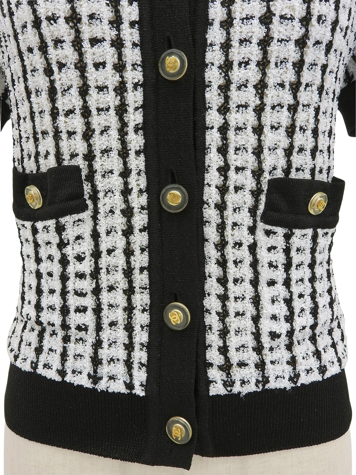 1997年製 ツイードCCマークボタン半袖ニットカーディガン ホワイト/ブラック