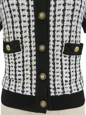 1997年製 ツイードCCマークボタン半袖ニットカーディガン ホワイト/ブラック