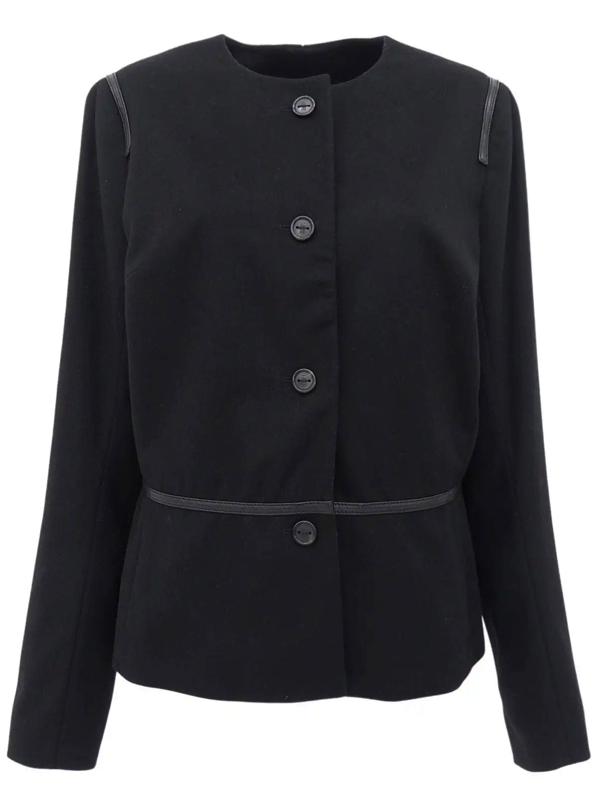 Wool logo button collarless jacket in black