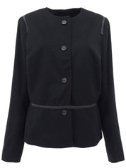 Wool logo button collarless jacket in black