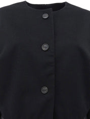 Wool logo button collarless jacket in black