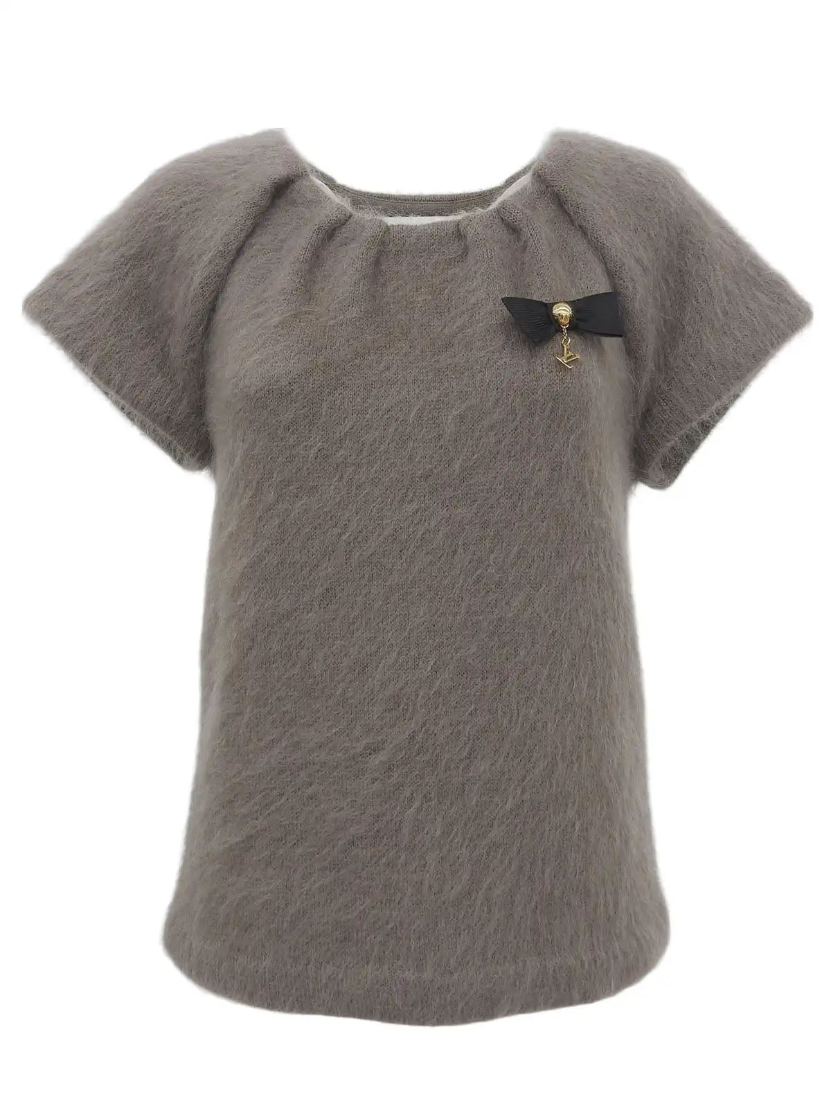 Ribbon Charm Half Sleeve Knit Top in Greige