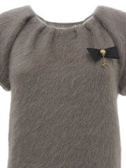 Ribbon Charm Half Sleeve Knit Top in Greige
