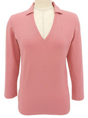 粉色棉质V领七分袖上衣