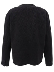 スエードGロゴパターンノーカラージャケット ブラック/グレー