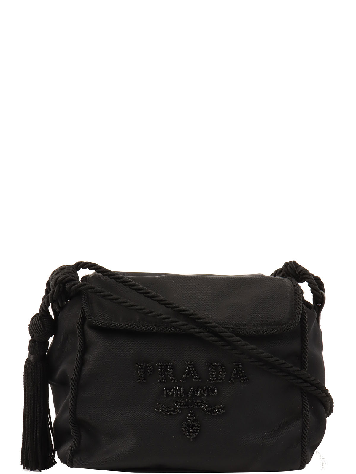 Nylon Tassel Bead Logo Shoulder Bag in Black