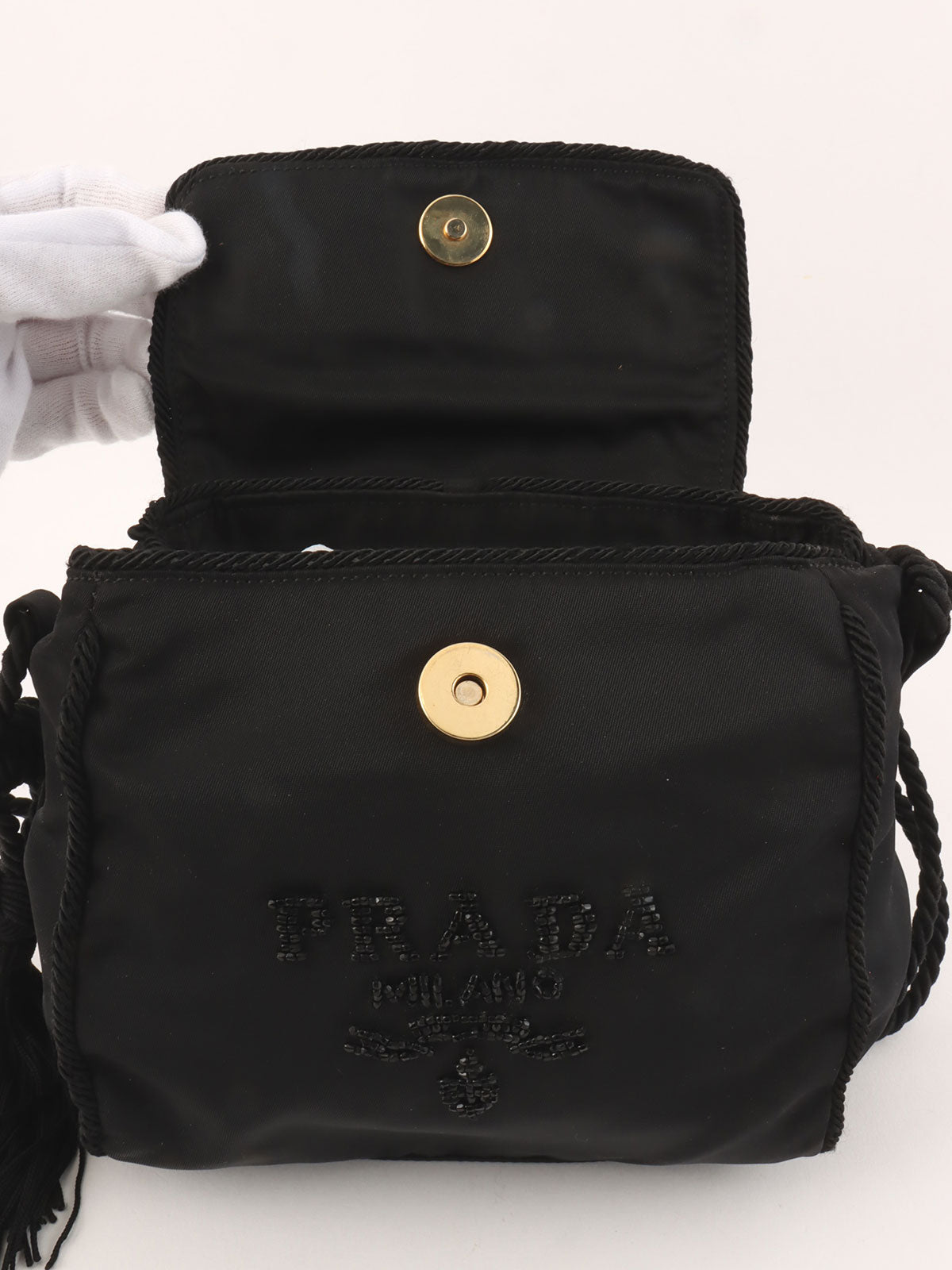 Nylon Tassel Bead Logo Shoulder Bag in Black