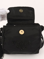 Nylon Tassel Bead Logo Shoulder Bag in Black