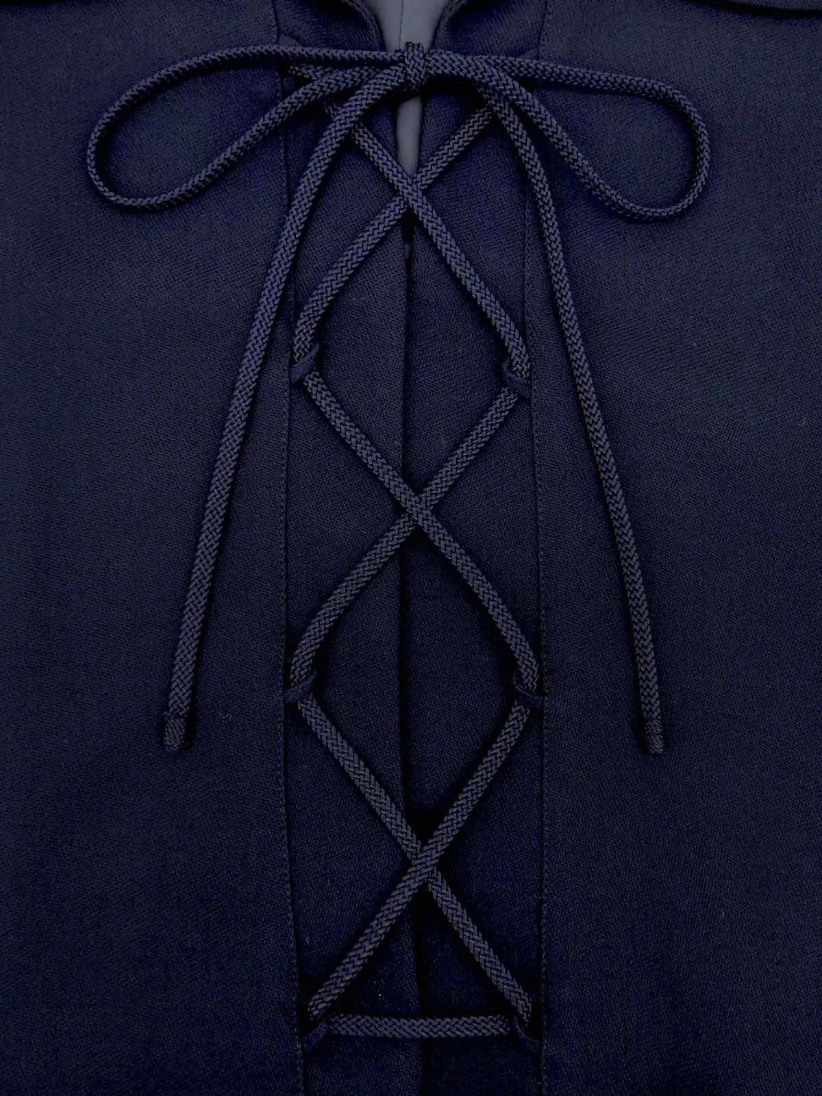 ウールレースアップ半袖ワンピース ネイビー