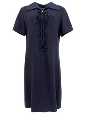 ウールレースアップ半袖ワンピース ネイビー