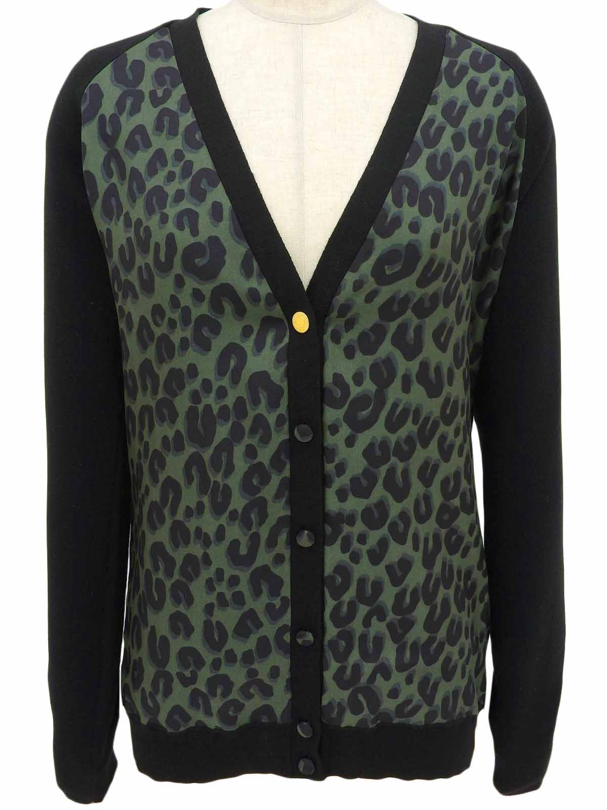 ウールシルクコンビレオパードパターンカーディガン ブラック/グリーン