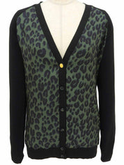 ウールシルクコンビレオパードパターンカーディガン ブラック/グリーン