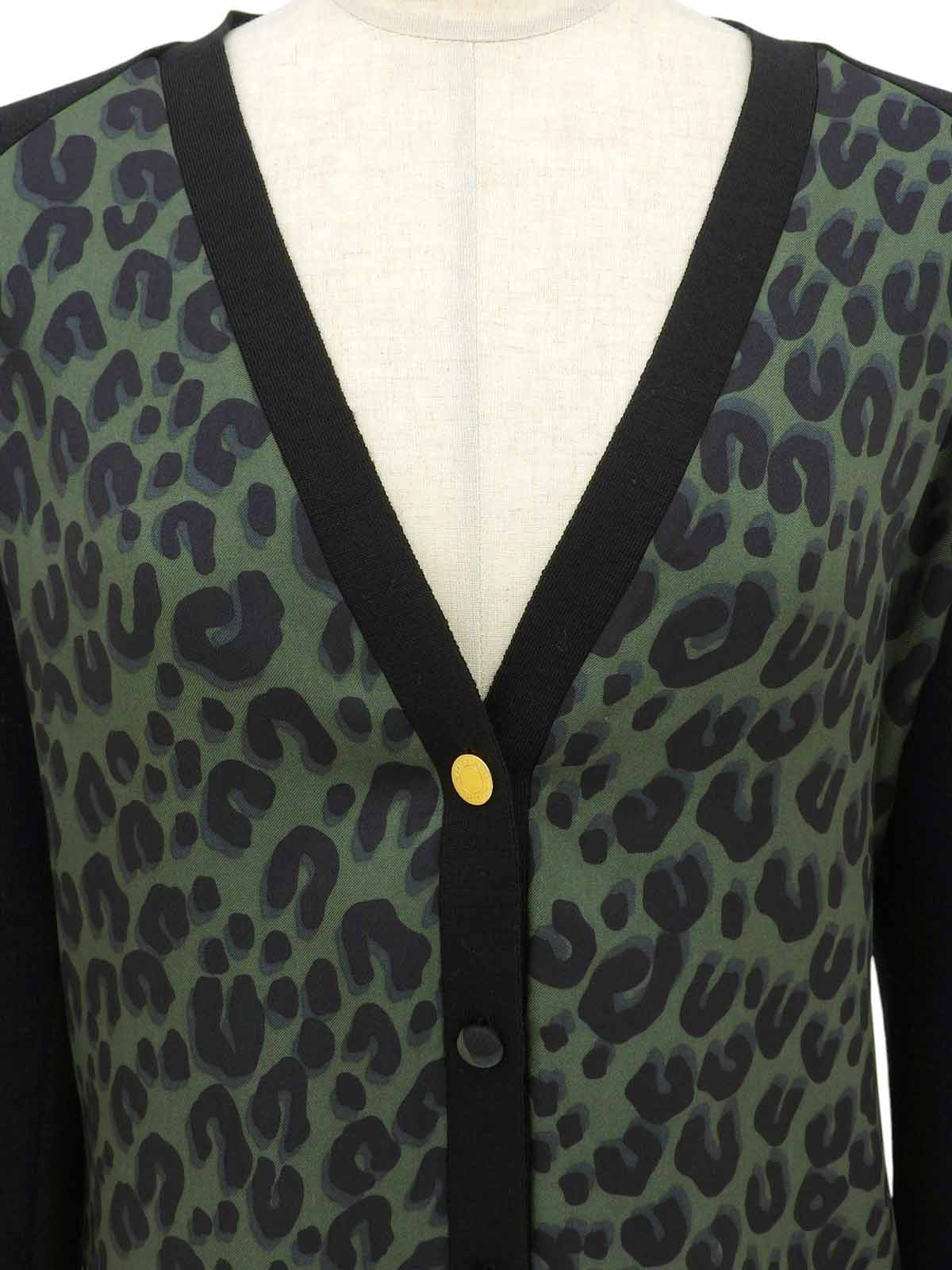 ウールシルクコンビレオパードパターンカーディガン ブラック/グリーン