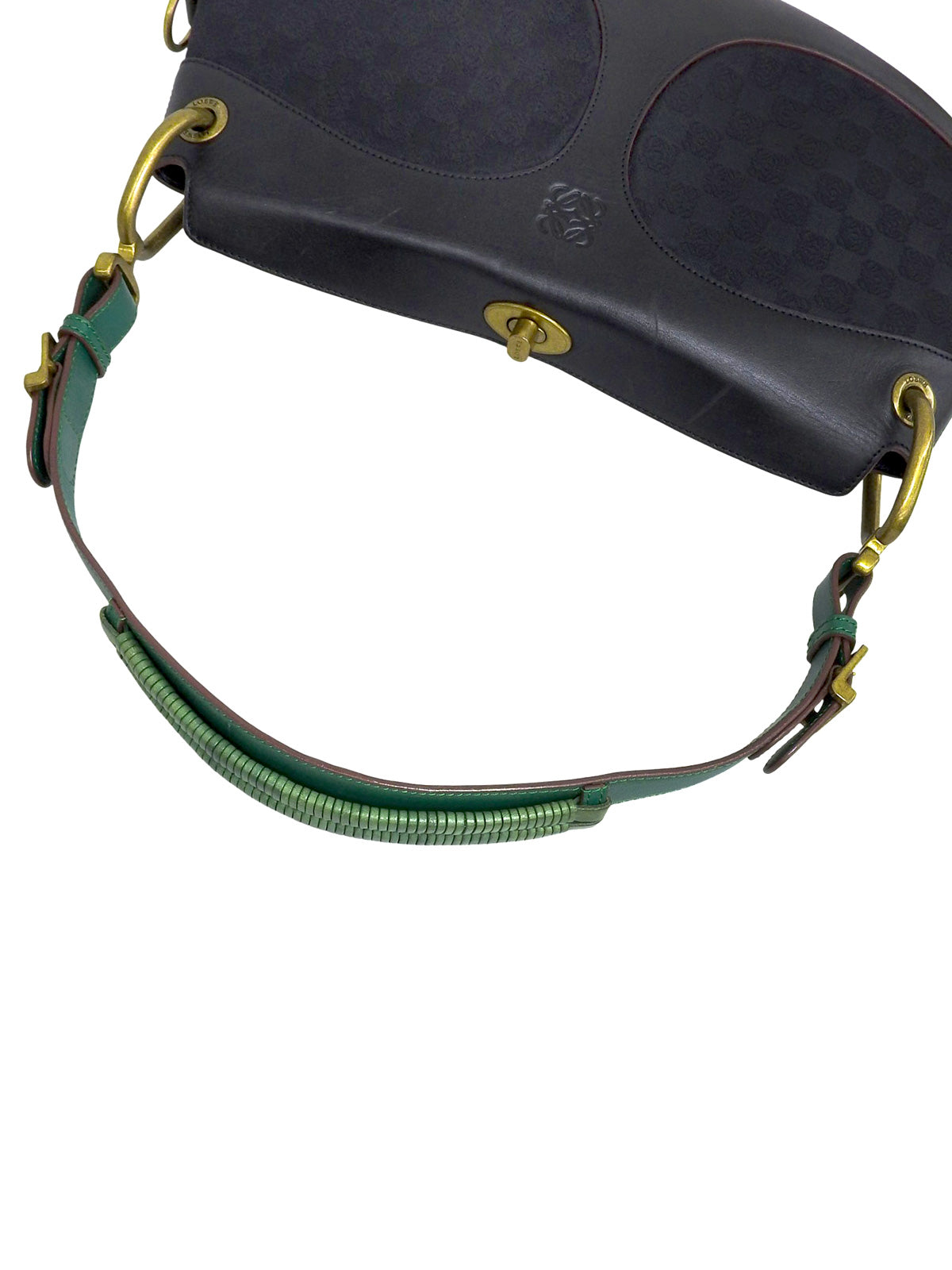 キャンバスレザーコンビアナグラムパターンショルダーバッグ　ブラック