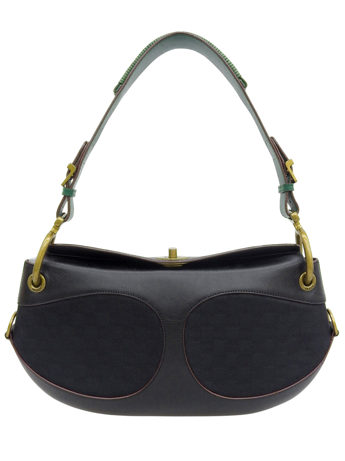 キャンバスレザーコンビアナグラムパターンショルダーバッグ　ブラック