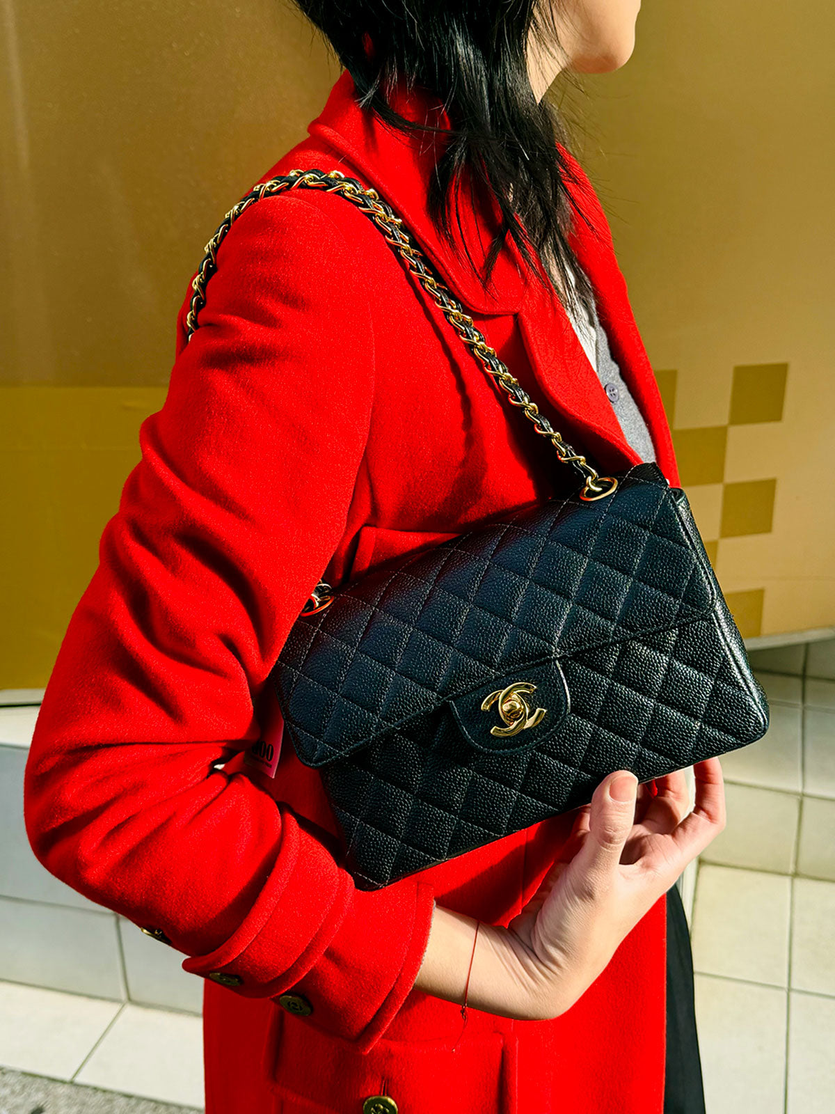 1997 Caviar Skin Double Face Classic Flap Chain Bag in Black