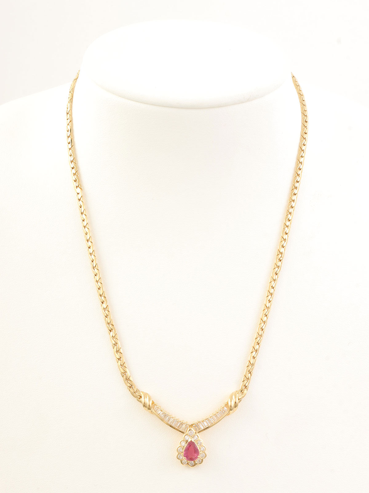 18K Gold/Cherry Red Ruby and Diamond Design Necklace