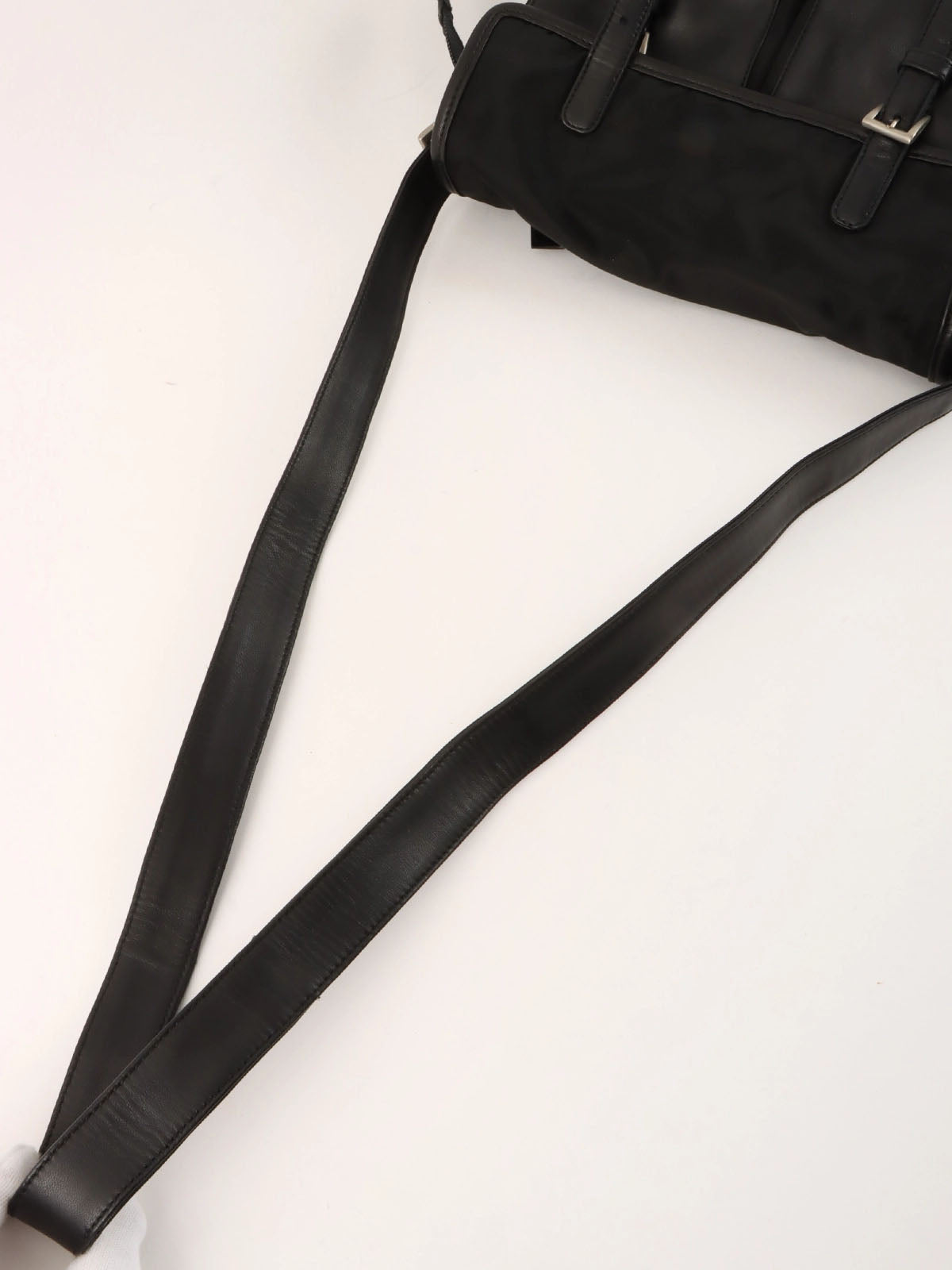 Nylon and leather combination logo plate shoulder bag in black