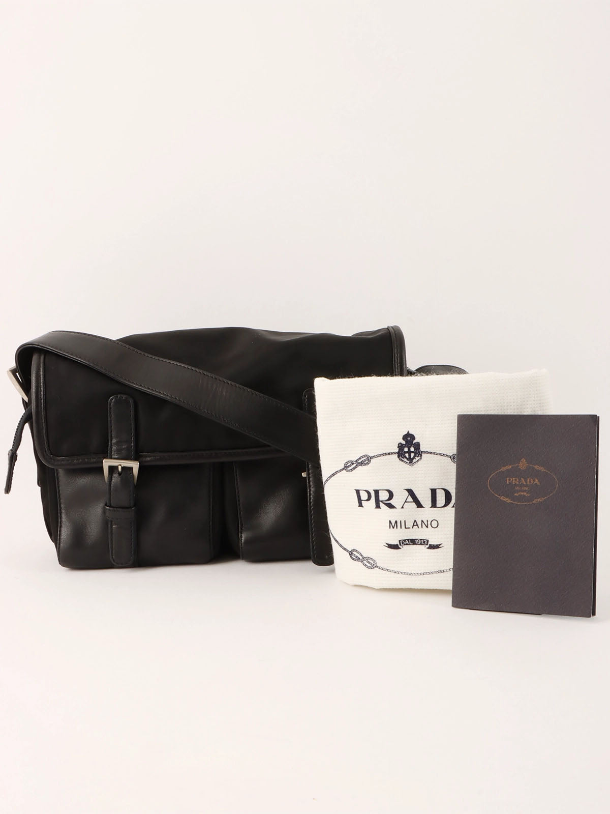 Nylon and leather combination logo plate shoulder bag in black